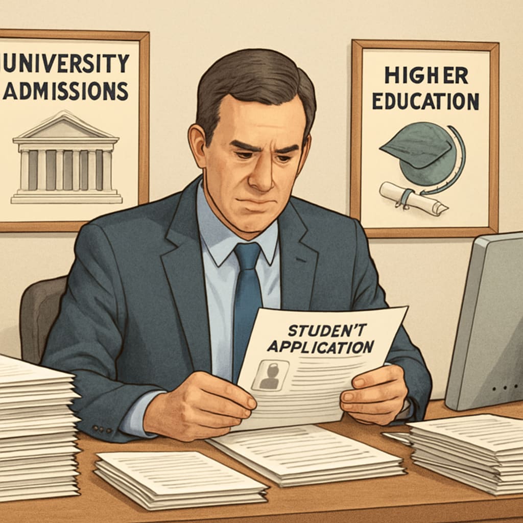 A university admissions officer reviewing applications, emphasizing the importance of accuracy and honesty. University admissions officer reviewing applications for accuracy