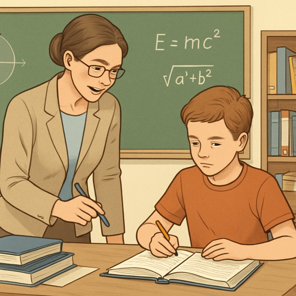 Teacher guiding a gifted student in advanced learning for academic excellence.