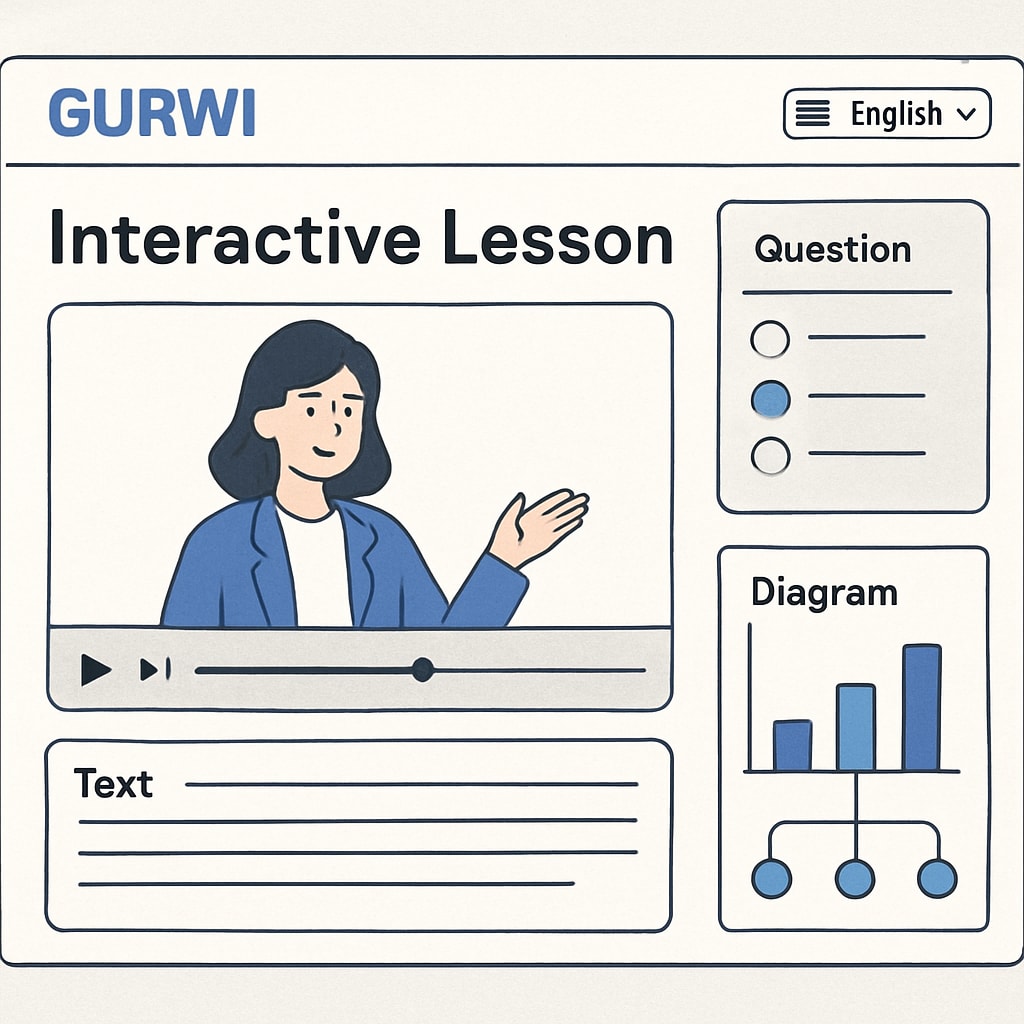 A screenshot of Gurwi's interactive lesson interface, showcasing visual modules and multilingual options. Gurwi app interface with interactive learning modules and multilingual support.