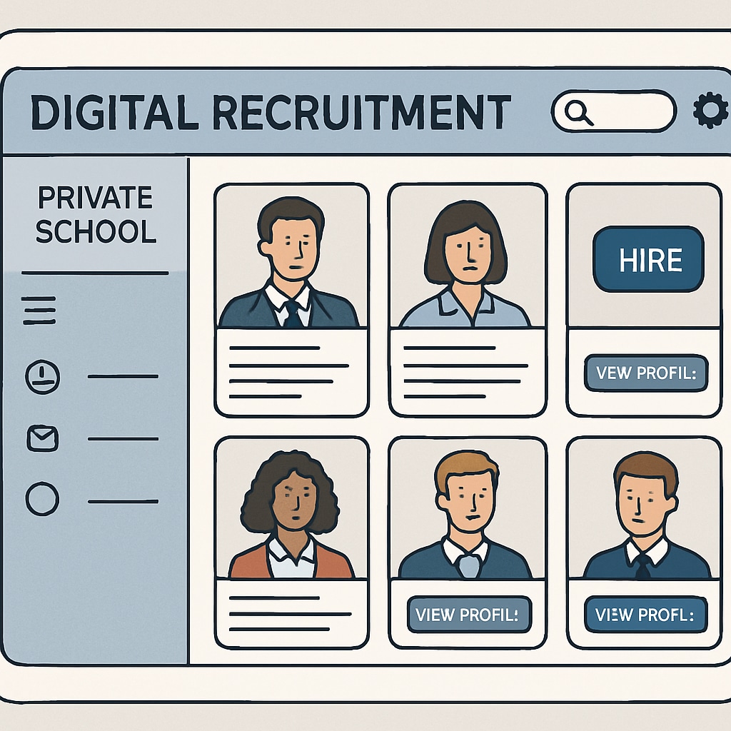 A screenshot of a digital recruitment platform showcasing candidate profiles tailored for private school roles, emphasizing the use of technology in hiring. Digital recruitment platform for private schools.