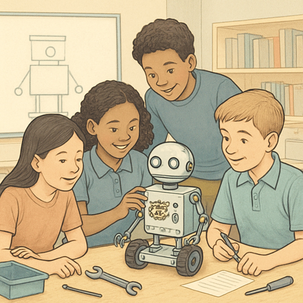K12 students in a classroom working on a beginner-friendly robotics project.