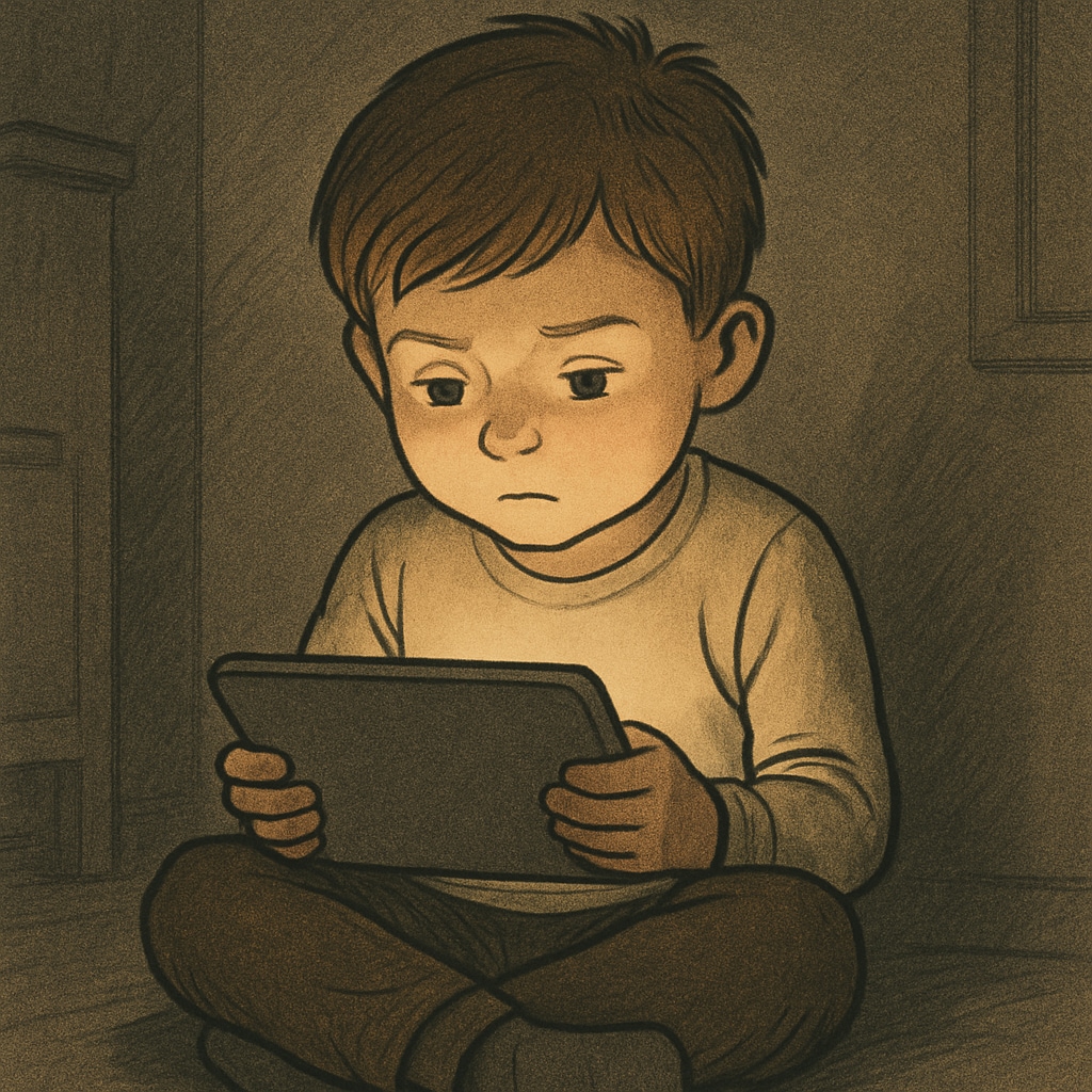 A child sitting in a dimly lit room, engrossed in a tablet, symbolizing the challenges of tech addiction. A child using a tablet, illustrating tech addiction's impact on mental health.