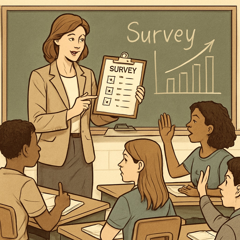 A teacher discussing a survey with students to gather insights for educational research. Teacher engages students for K12 education survey participation.