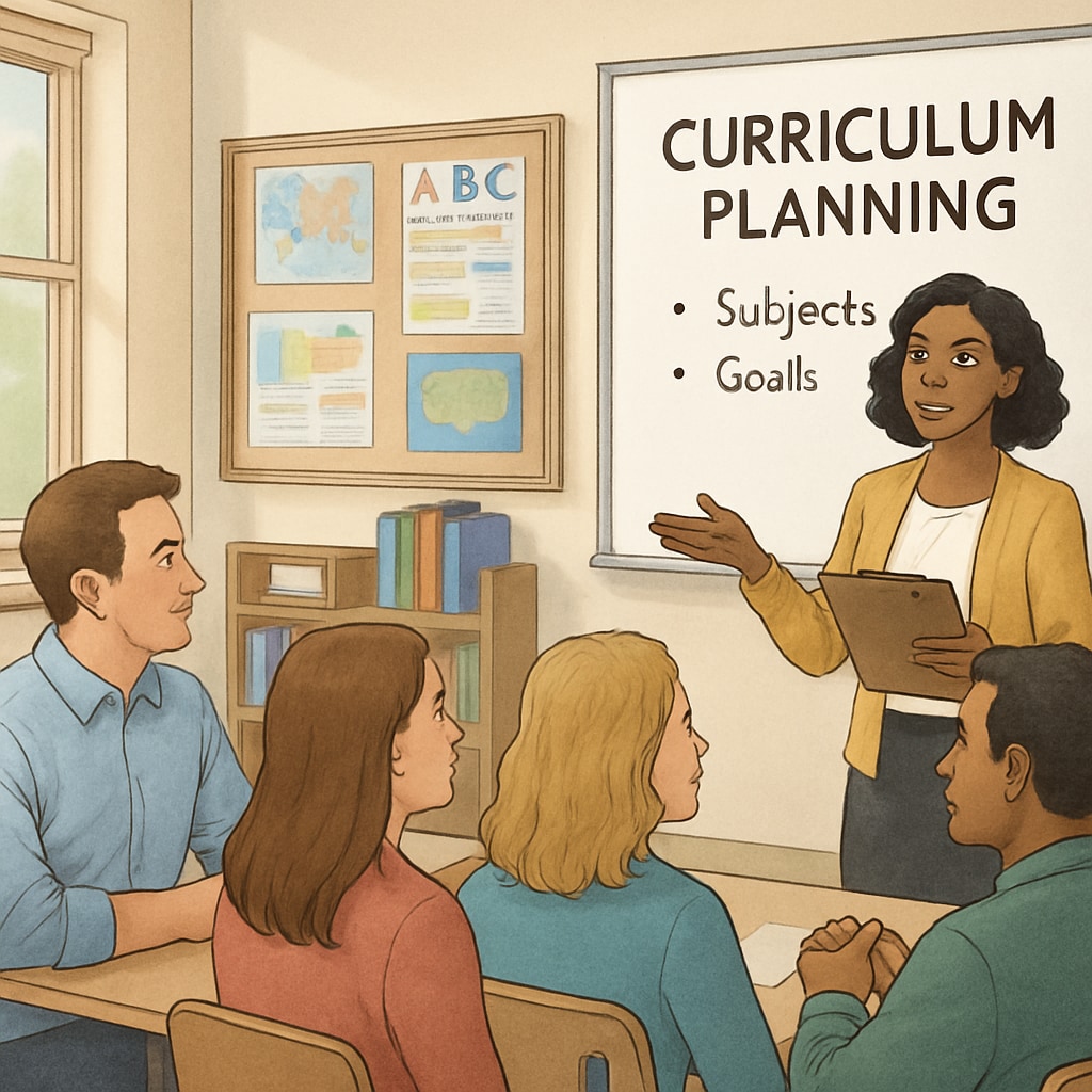 A teacher discussing curriculum planning with a group of parents during a school meeting. Teacher explaining elementary school curriculum planning to parents.