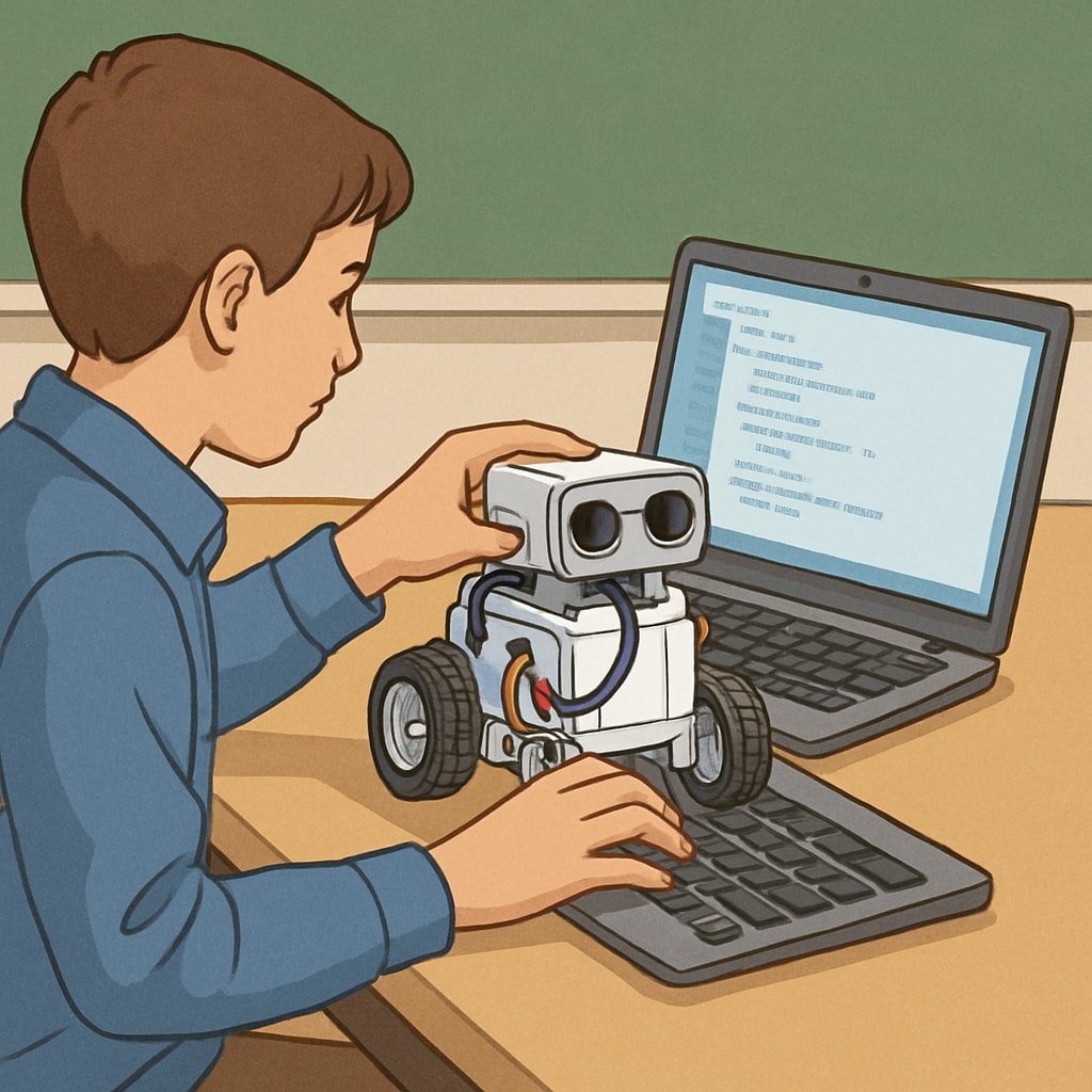 Student programming a robot as part of a project-based learning robotics course.