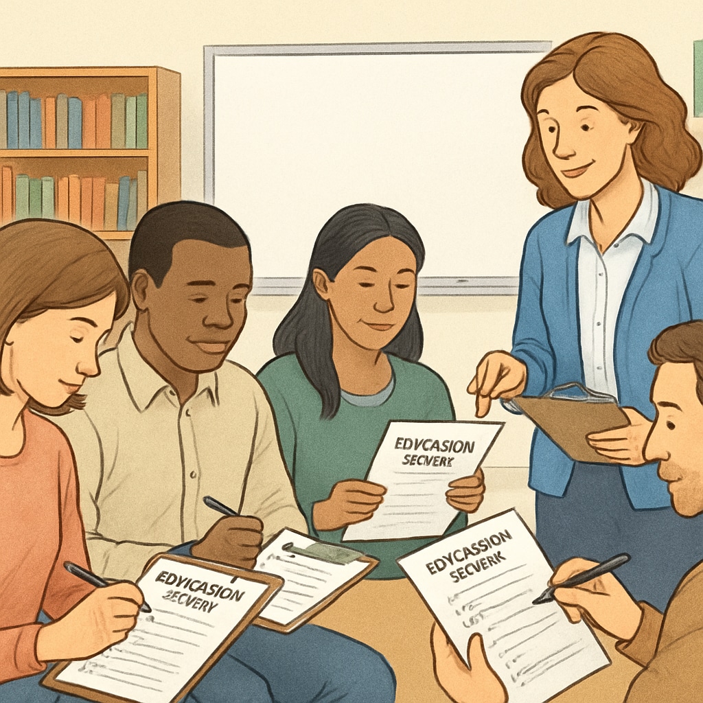 A group of parents completing an education survey during a school meeting. Parents fill out education survey forms at a school event.