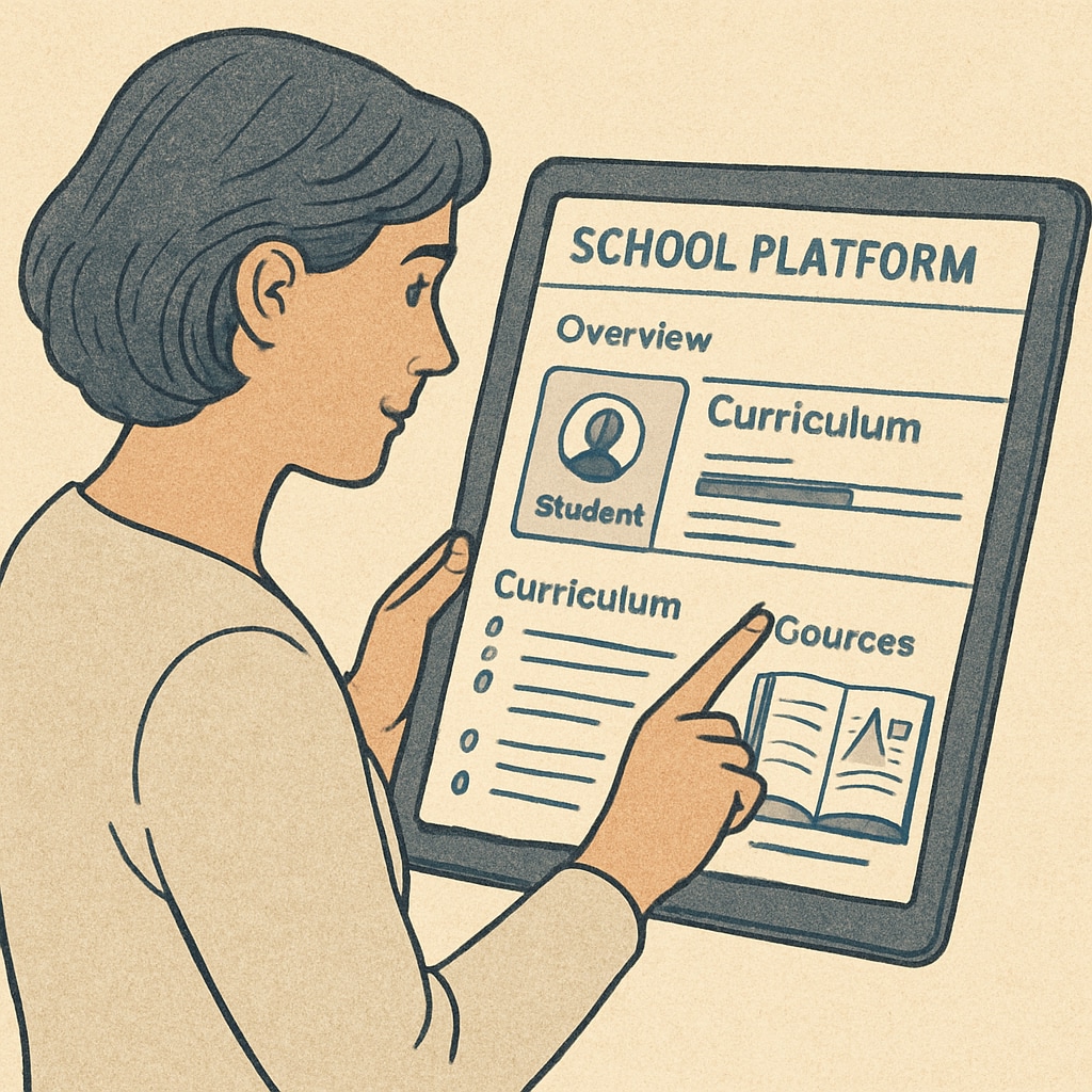 A parent using a digital school platform to review their child’s progress and curriculum updates. Parent checking elementary school curriculum and progress on a digital platform.