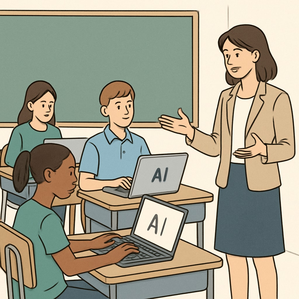 A classroom setting where students are using laptops, and a teacher is guiding them on effective AI tool usage. Students using AI learning tools in a classroom guided by their teacher.