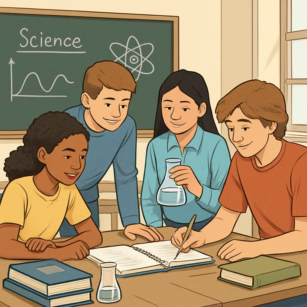 Ninth-grade students working on a collaborative science project.