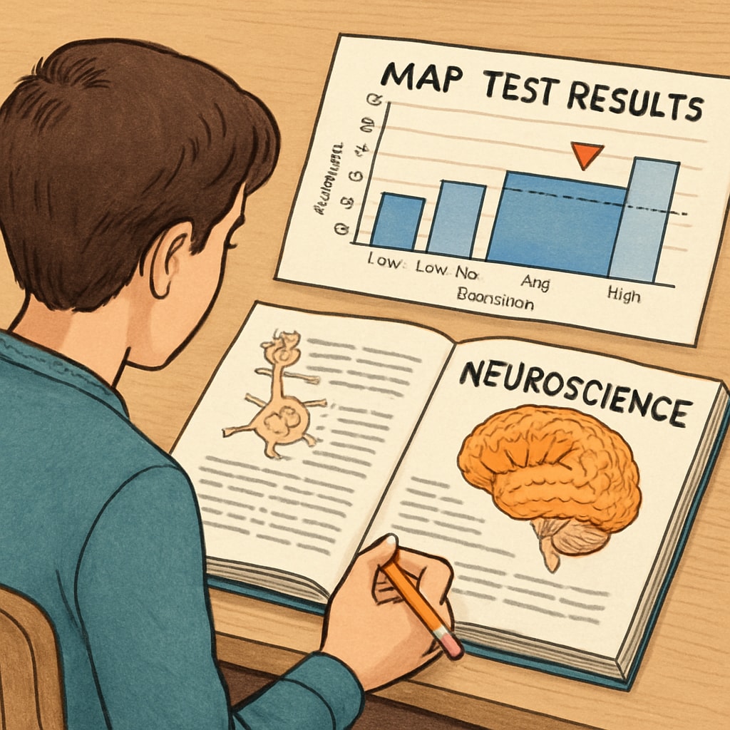 Student studying with a neuroscience textbook and MAP test results.