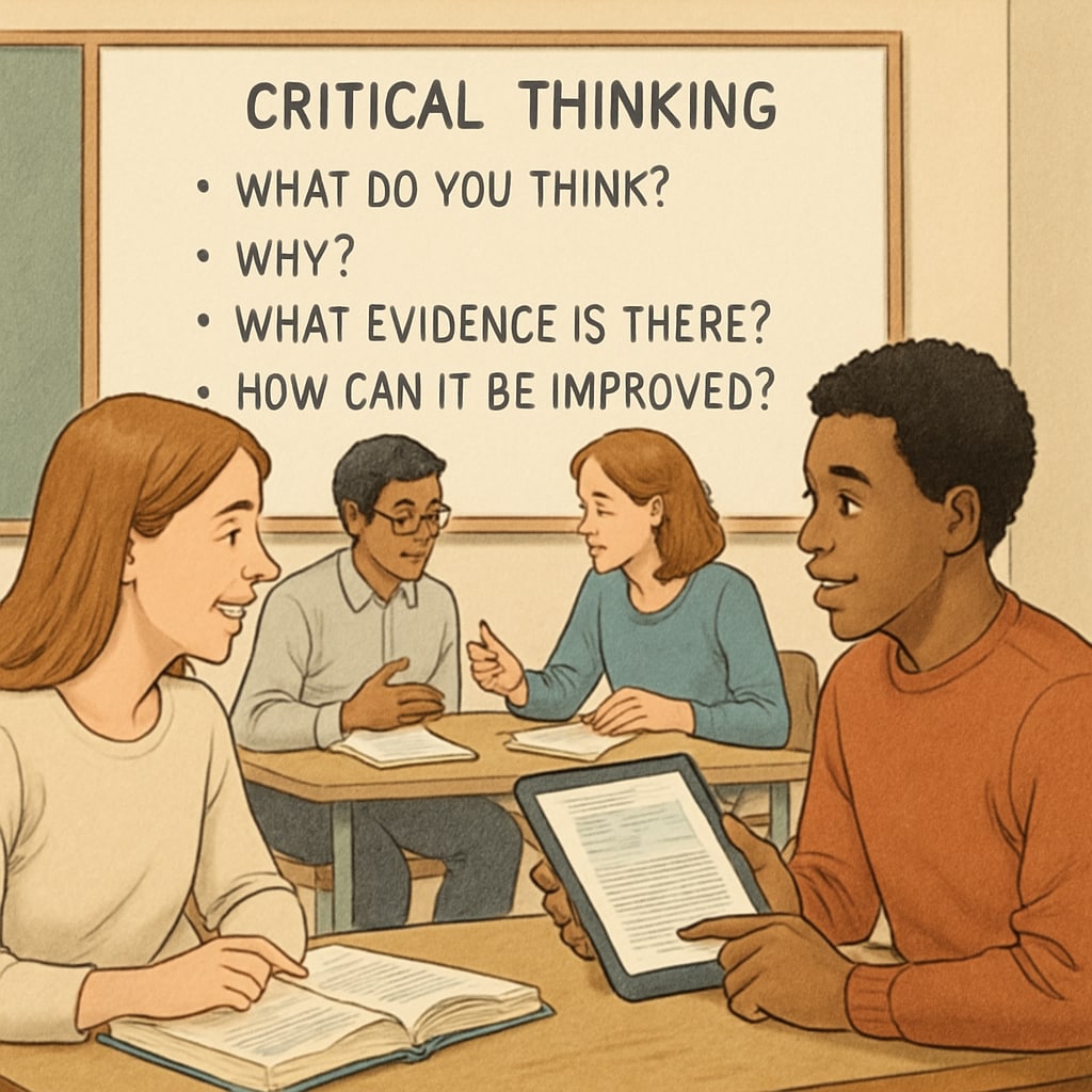Students working in groups, discussing AI-generated content, with critical thinking prompts displayed on a whiteboard. Students engaging in group discussions about AI-generated content while analyzing critical thinking prompts.