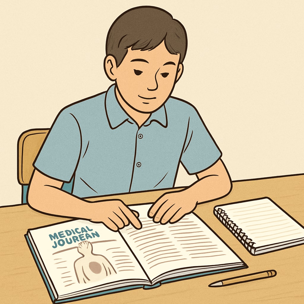 High school student improving reading skills for neurosurgery with a medical journal.