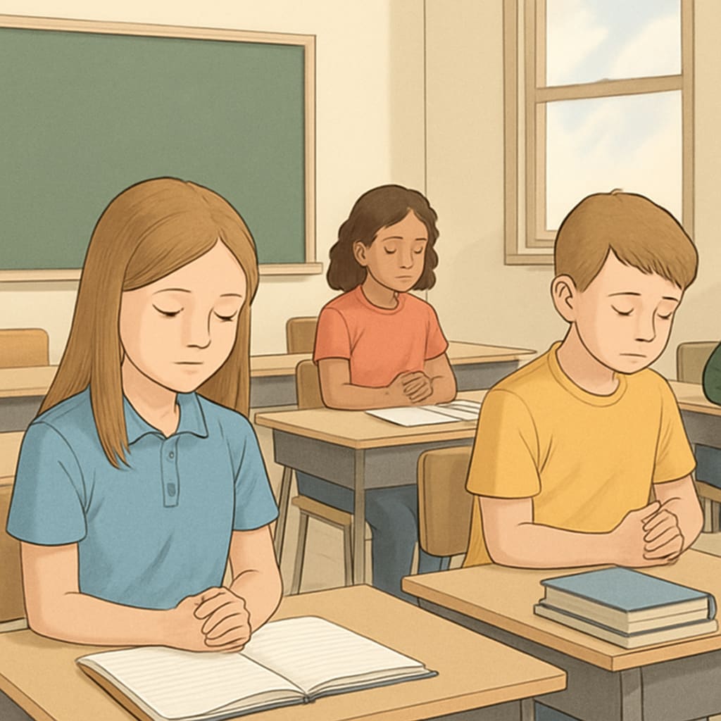A classroom setting where students observe a moment of silence, symbolizing generalized mourning practices. Students in a classroom observing a moment of silence for war victims globally, reflecting neutrality.