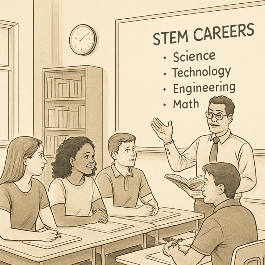 A group of high school students discussing STEM career options with a teacher, highlighting the importance of guidance in decision-making. STEM career guidance for high school students