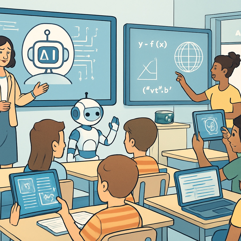 A futuristic classroom equipped with AI-powered tools, with students and teachers actively engaging in innovative learning activities. A futuristic classroom showcasing AI integration in K-12 education.