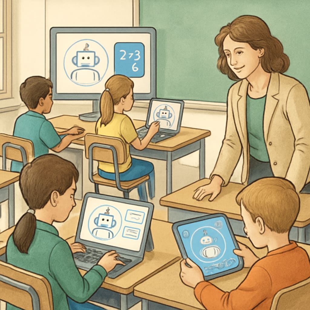 Students using AI-driven learning platforms in a K12 classroom environment.