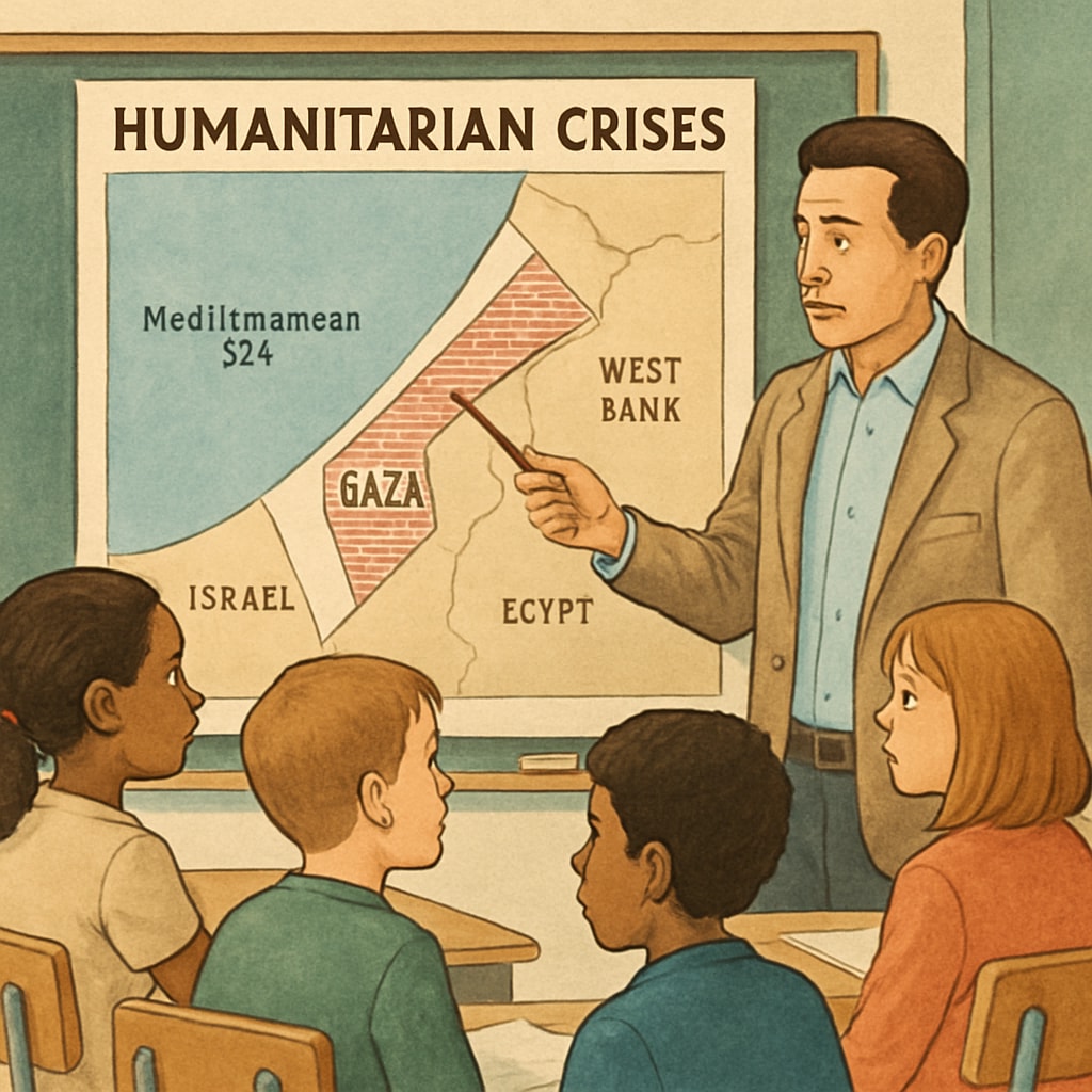 A teacher discussing humanitarian crises with students using a map of Gaza and other affected regions. Teacher explaining humanitarian crises to students with a focus on Gaza and other affected areas.