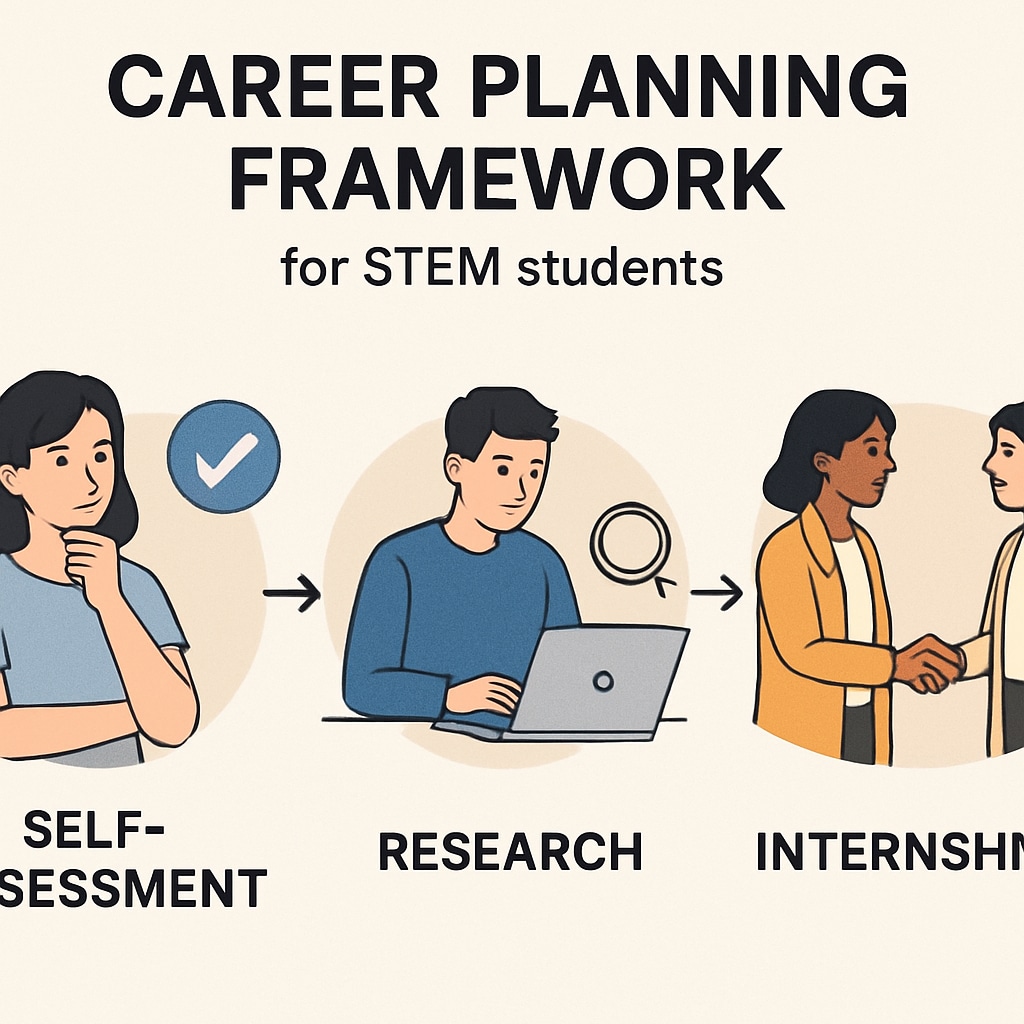 A diagram illustrating a step-by-step career planning framework for STEM students, covering self-assessment, research, and internships. STEM career planning framework diagram