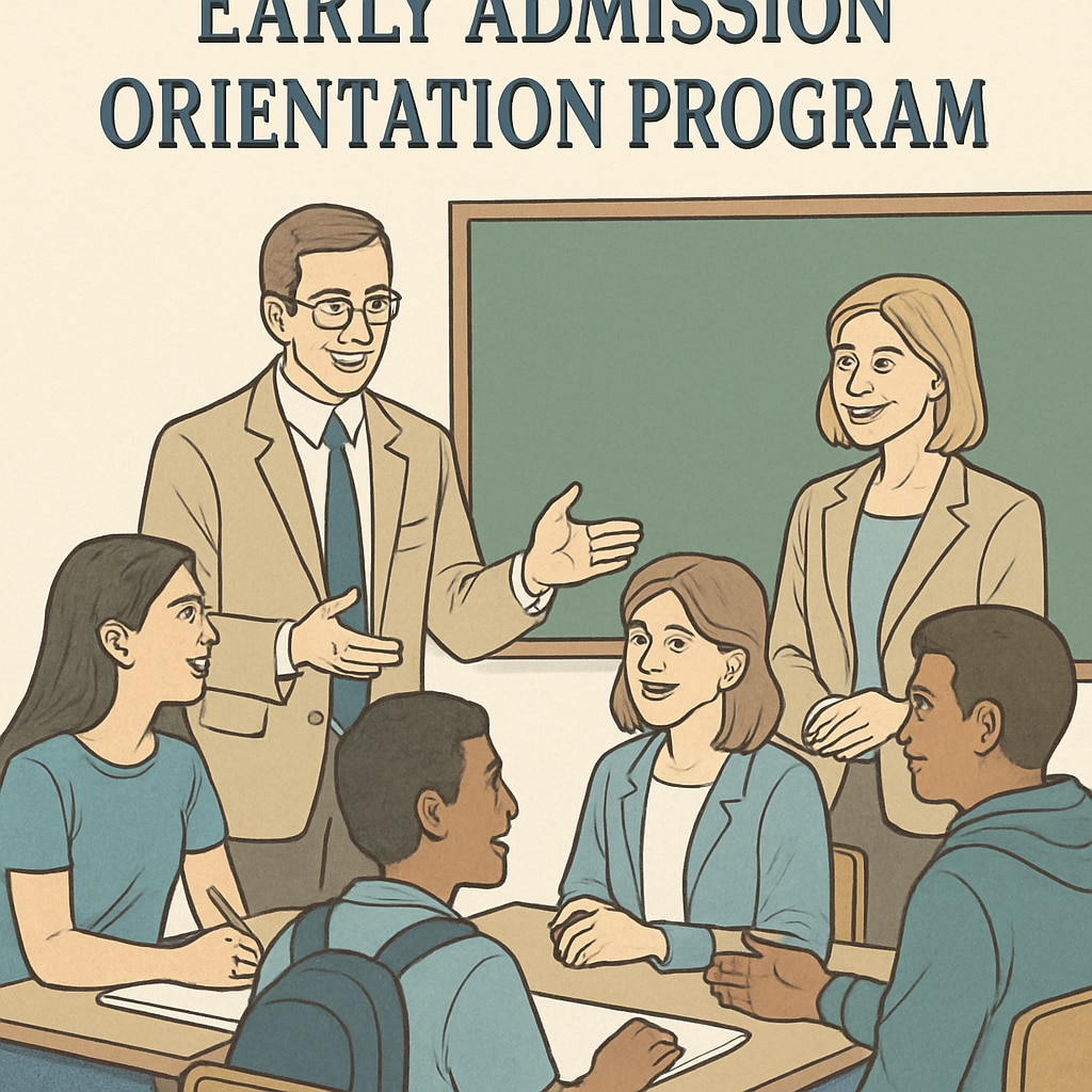 High school students participating in an early admission orientation program, interacting with college faculty. High school students experiencing early admission orientation in a college setting.