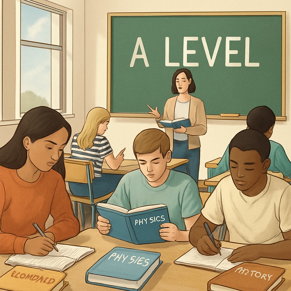 Students studying A Level subjects in a classroom, representing academic preparation for US college applications.