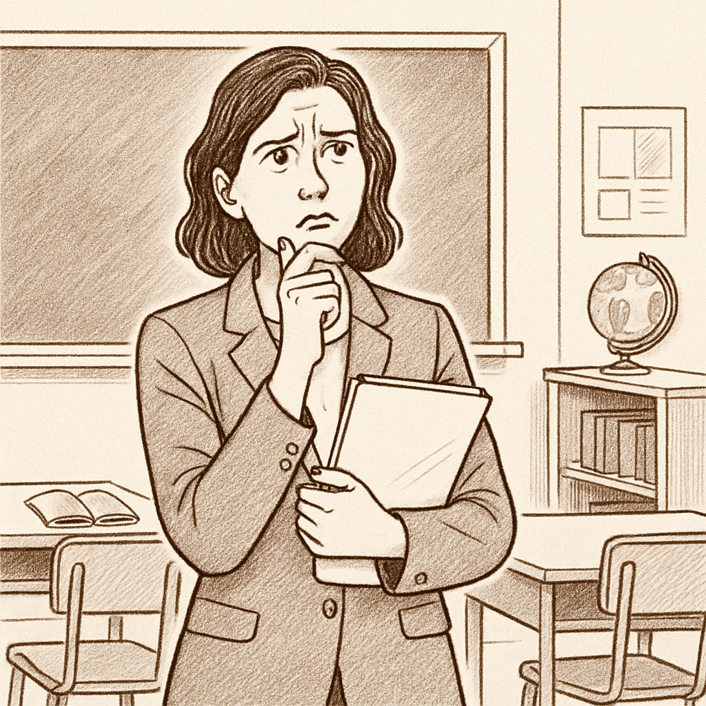 Teacher in classroom questioning academic leadership.