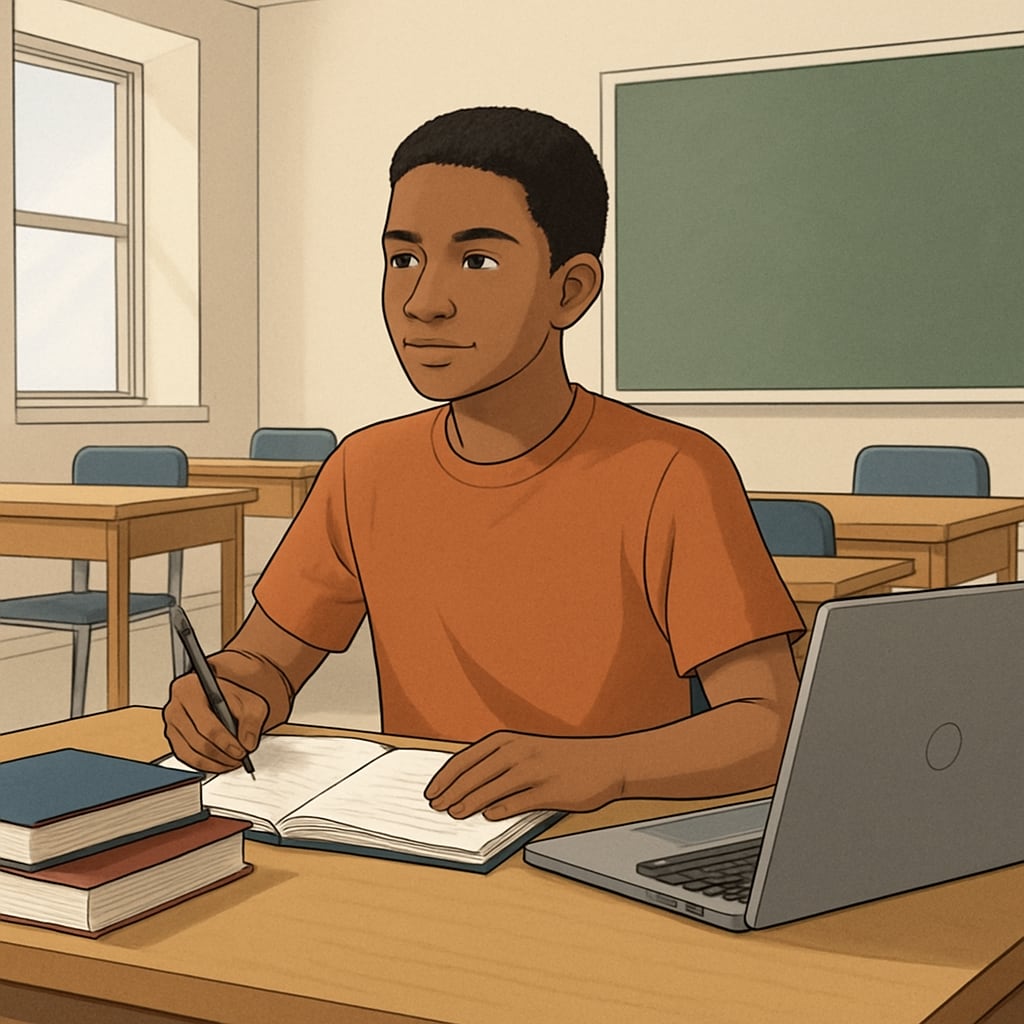 A high school student attending a dual enrollment class at a community college, working on advanced coursework. High school student in dual enrollment class bridging high school and college education.