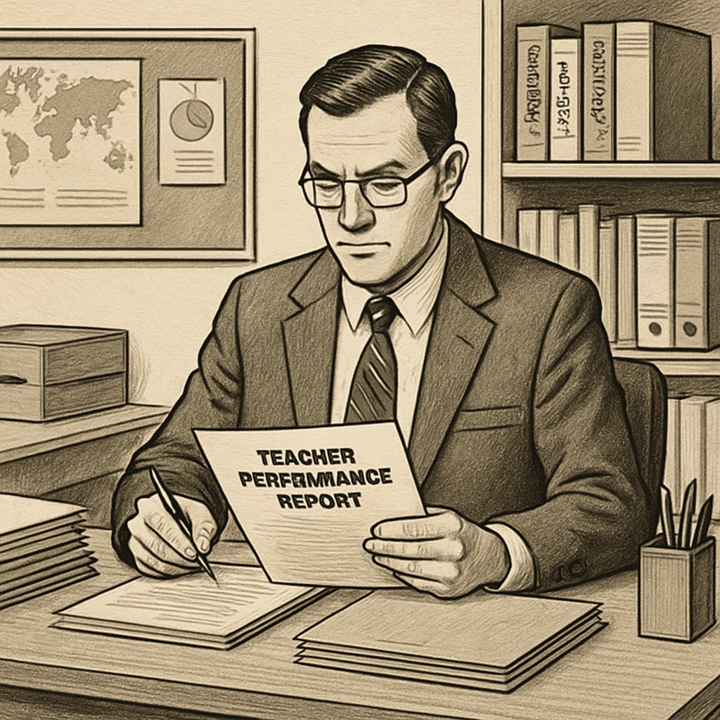 School administrator evaluating teacher performance reports.