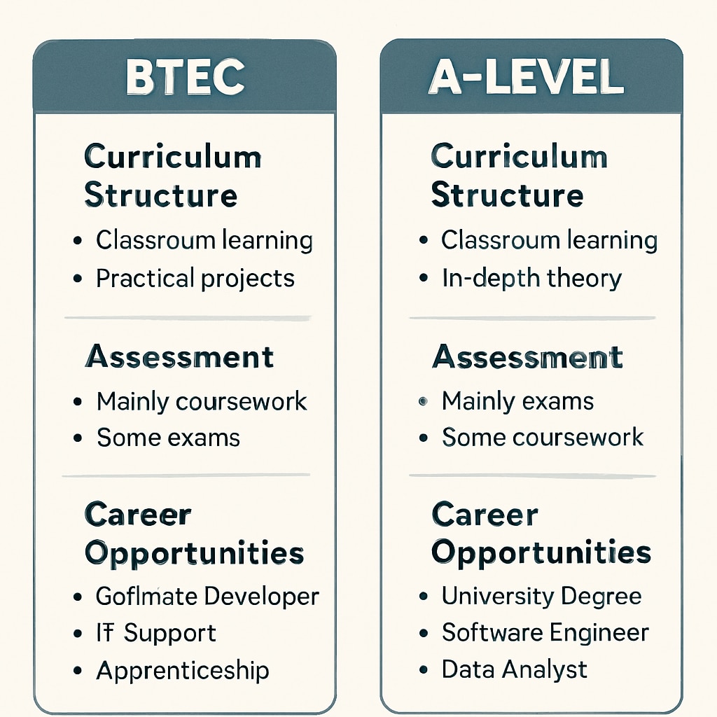 A side-by-side comparison of the BTEC and A-level pathways in Computer Science, visually highlighting their differences. BTEC vs A-level pathways in Computer Science comparison chart.