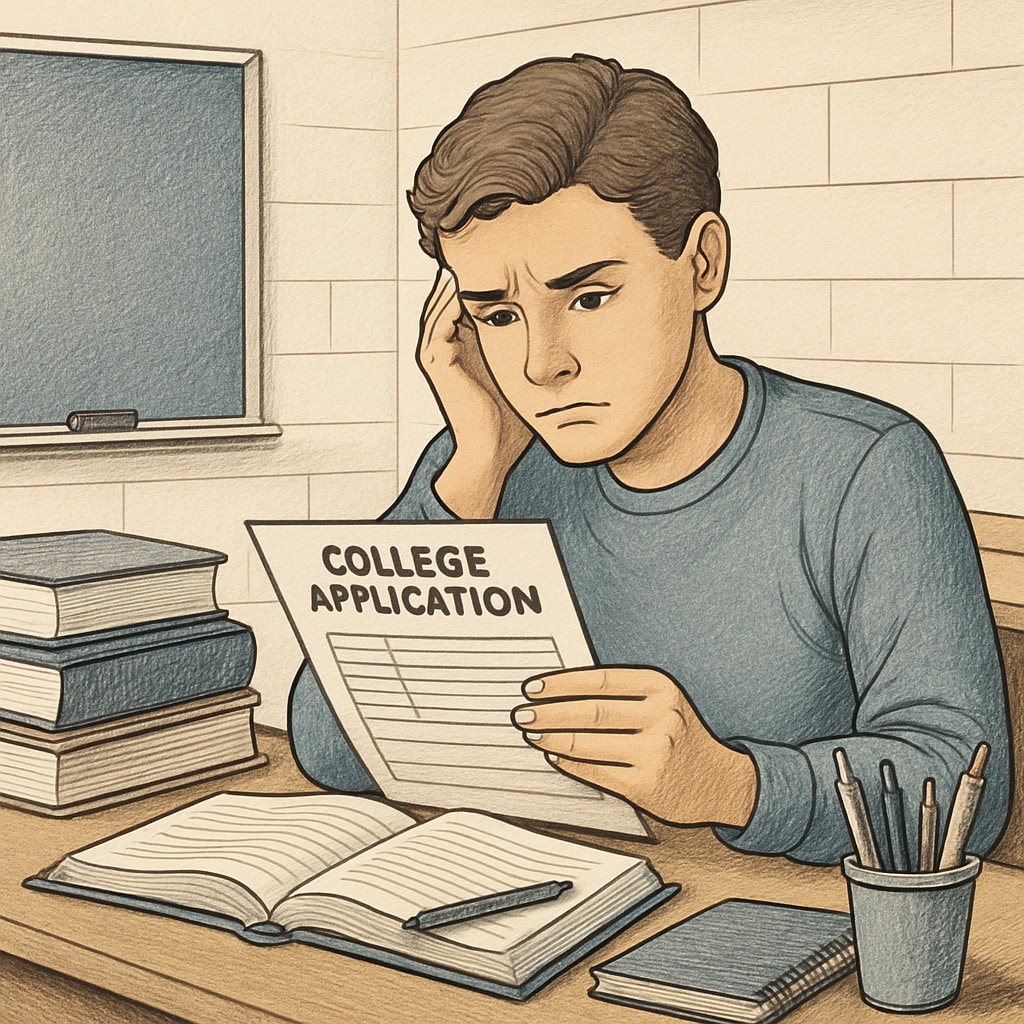 A student reviewing a college application, highlighting ethical concerns in admissions.