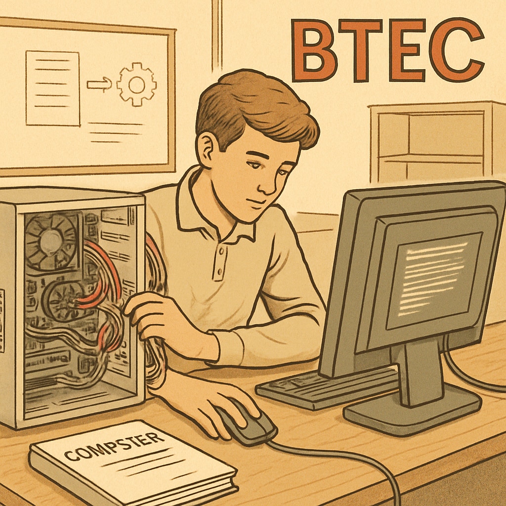 A student working on a computer project, representing the practical skills developed through a BTEC qualification. Student developing BTEC-level practical skills in Computer Science.