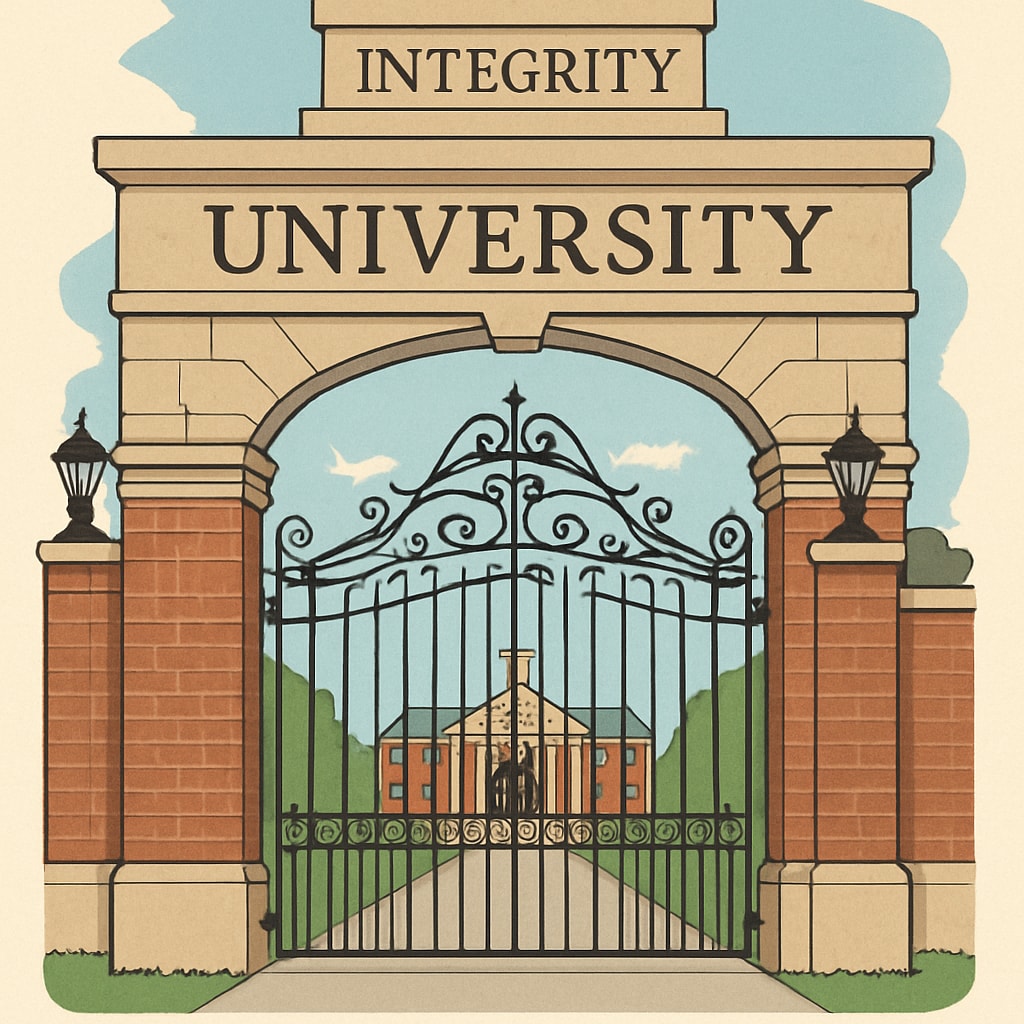 The gates of a university, representing the consequences of dishonesty in applications.