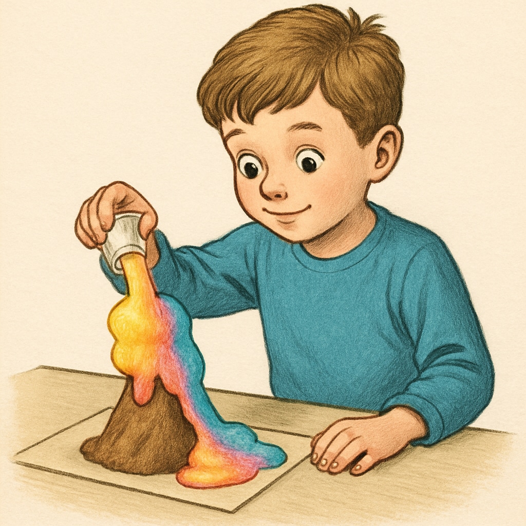 Mini volcano experiment with colorful foam, a fun family science activity.