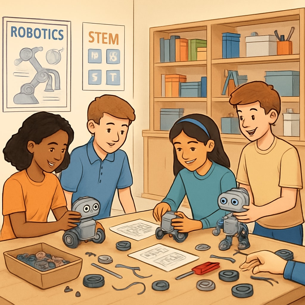 A group of K12 students assembling robot kits in a classroom setting. K12 students learning robotics through hands-on assembly of robot kits.