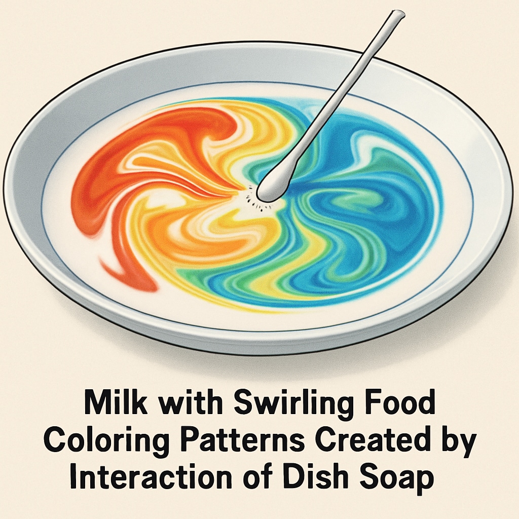 Surface tension experiment with colorful milk patterns, engaging science for kids.