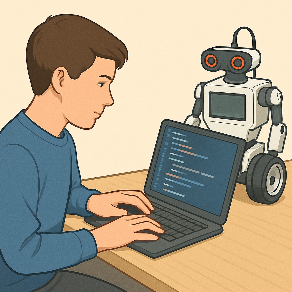 A close-up of a student programming a robot using a laptop. A student programming a robot during a beginner robotics course.