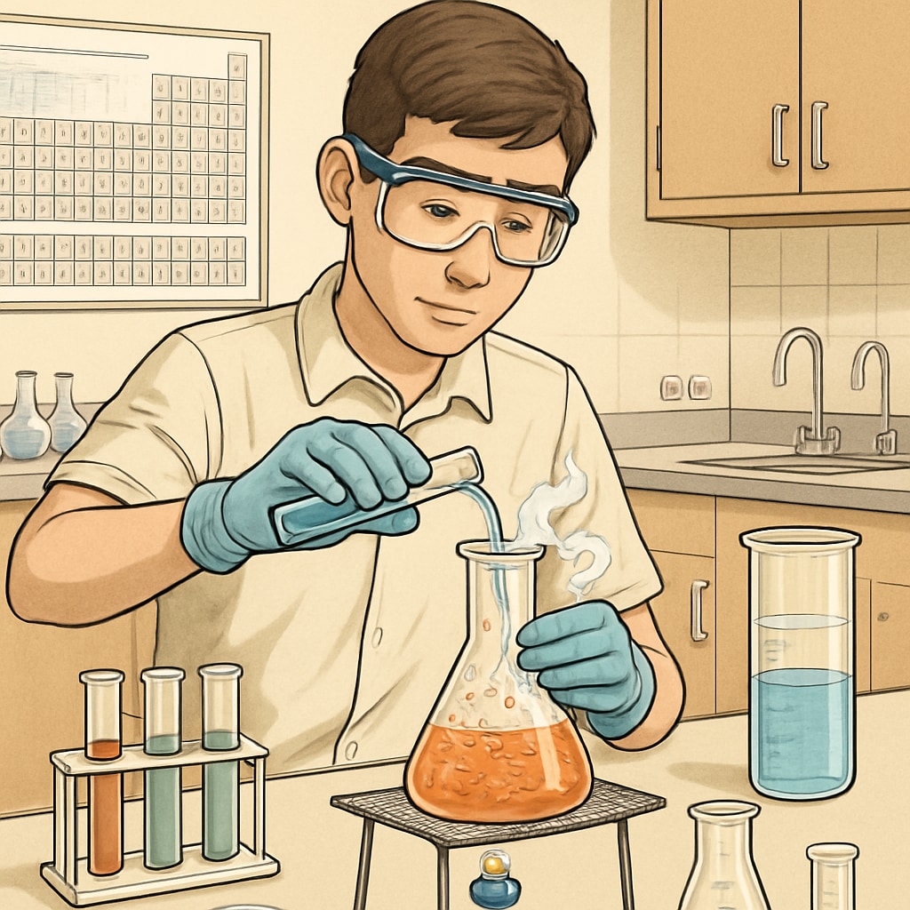 High school student performing a chemistry experiment for a research project.