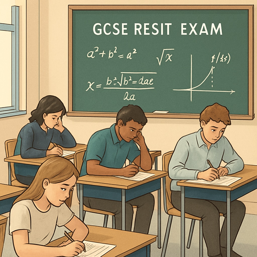 A classroom setting showing students taking a maths exam, symbolizing the pressure and importance of GCSE resit exams. Students taking a maths exam under timed conditions, representing GCSE resit challenges.