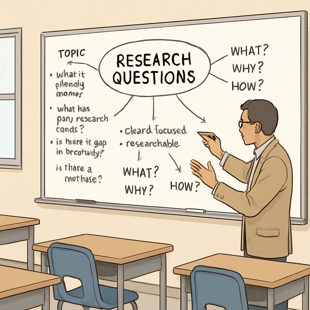 An educator brainstorming research questions on a whiteboard in a classroom setting. Educator brainstorming K12 research questions on a whiteboard.