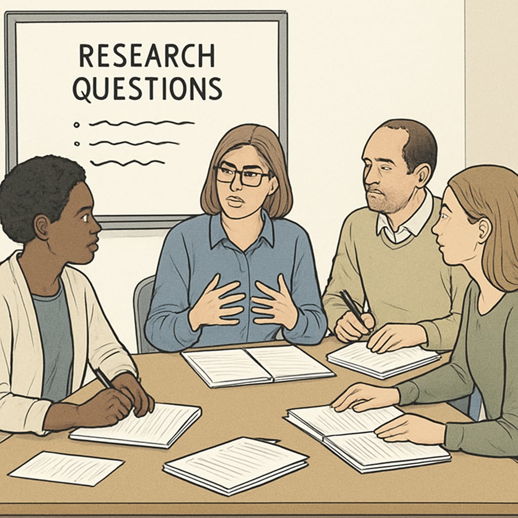 A group of teachers collaborating on refining research questions during a workshop. Teachers collaborating on refining K12 education research questions.