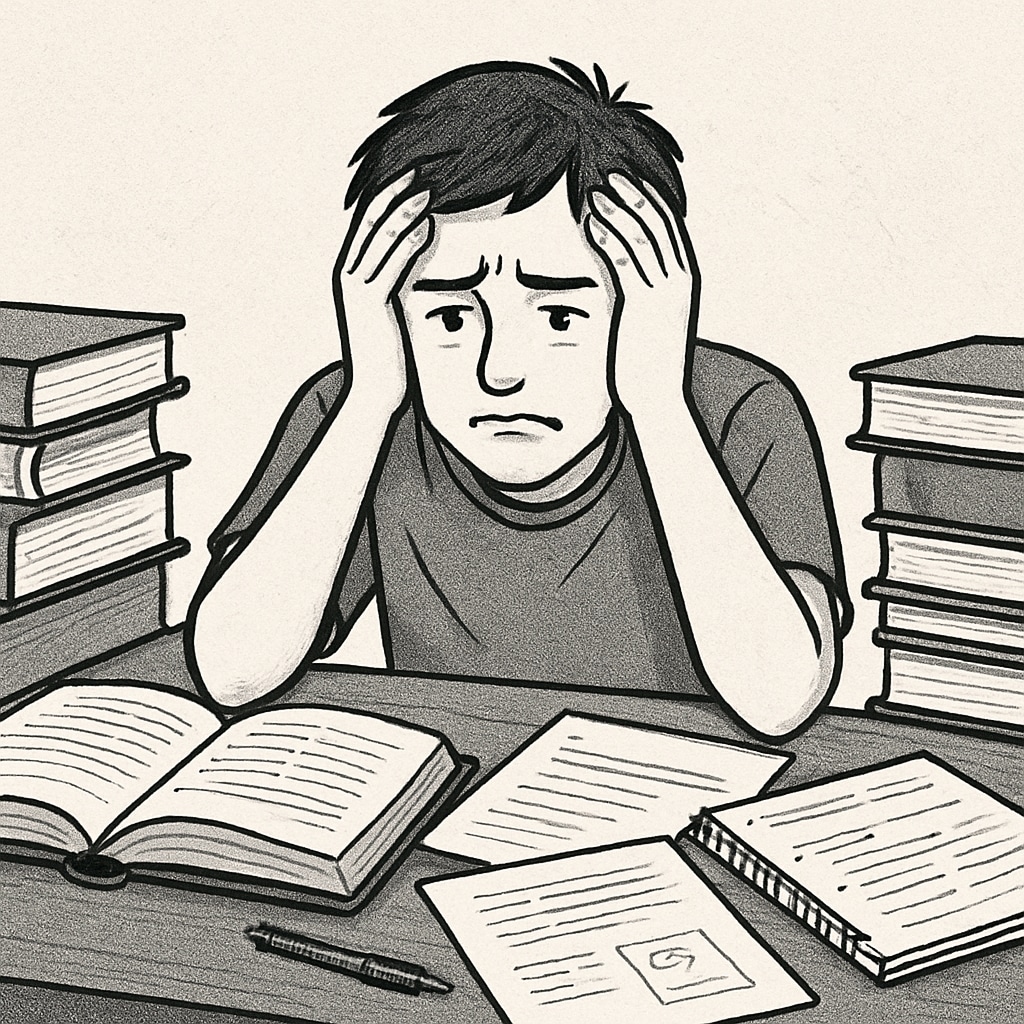 A stressed student sitting at a desk surrounded by books and study materials, emphasizing the emotional impact of failing resits. A student looking stressed while studying for GCSE maths resits, highlighting the psychological toll.
