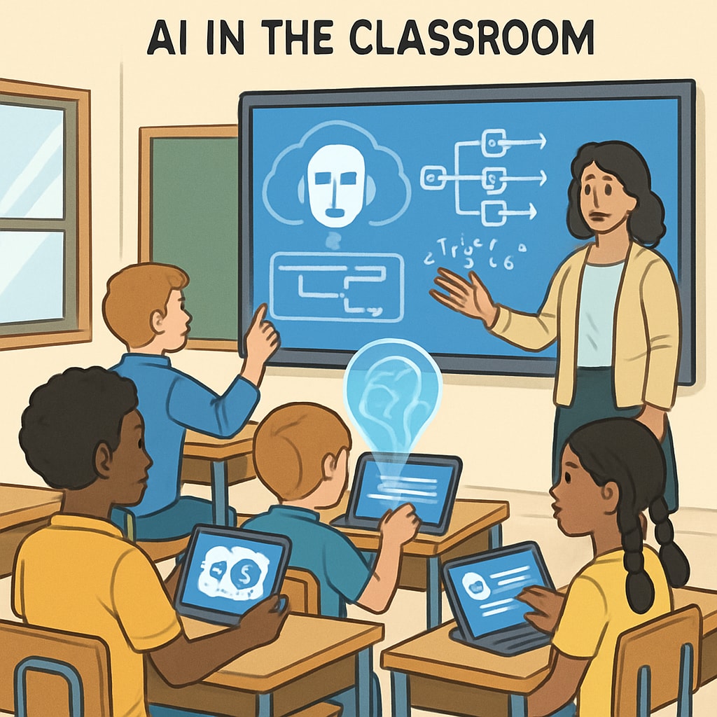 A conceptual image of AI integration in classrooms, showing students interacting with AI-driven tools like smart screens or tablets. AI integration in classrooms with students using educational tools