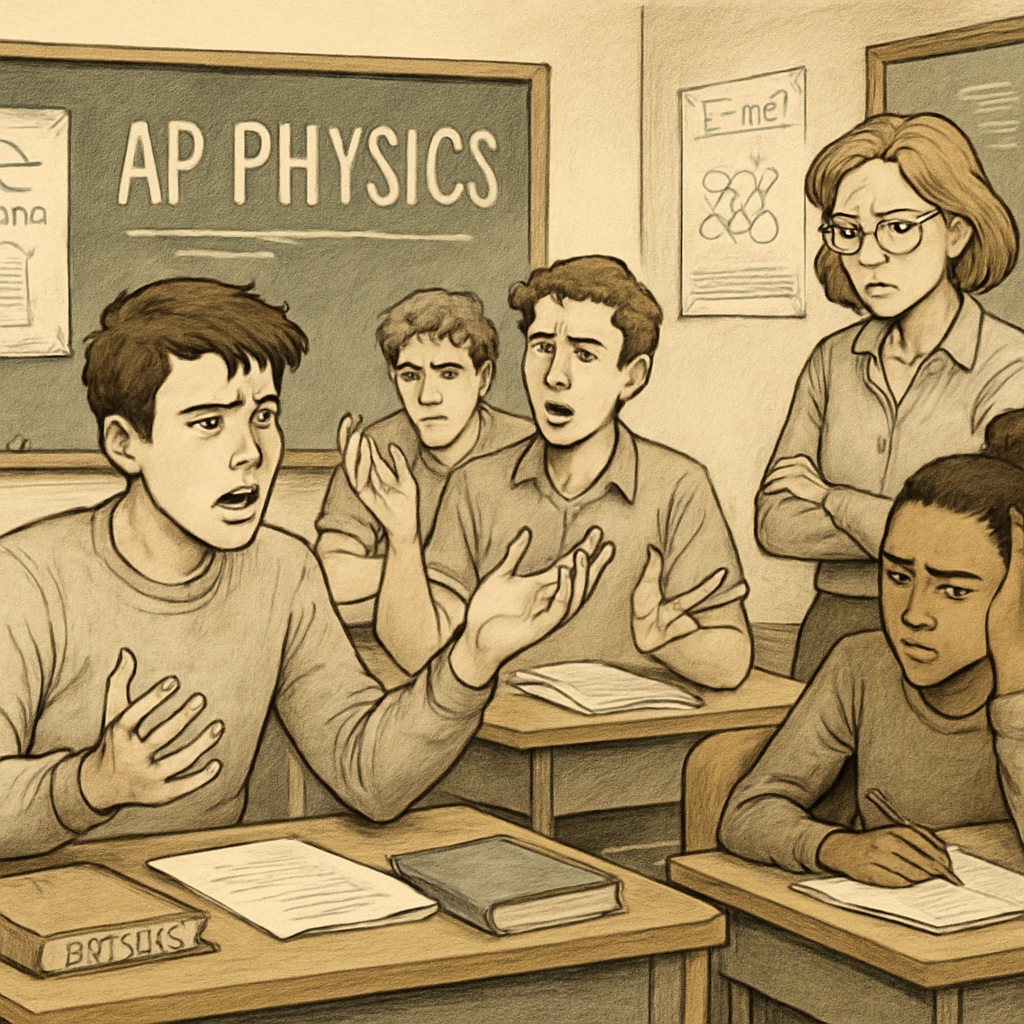 A classroom setting showing AP Physics students discussing their exam results with visible frustration. AP Physics C students discussing exam errors and teacher misconduct.