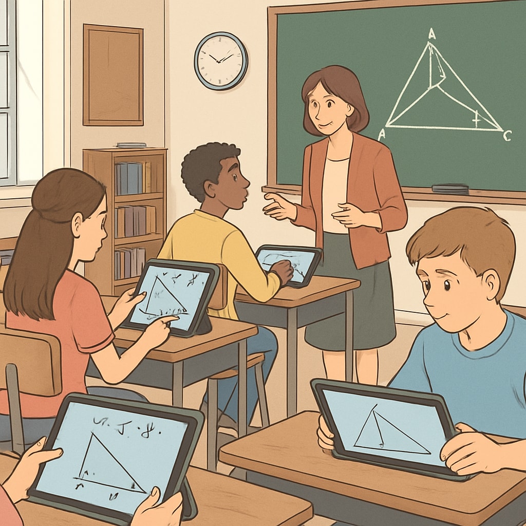 High school students learning geometry with digital tools.