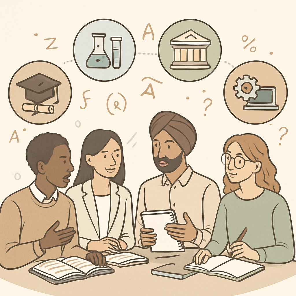 A group of international students discussing their study plans, representing diverse academic backgrounds. International students discussing A Levels as part of their U.S. university application strategy.