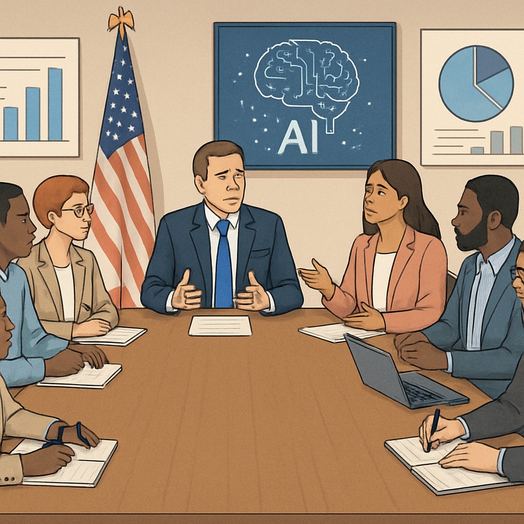 A government meeting showcasing diverse stakeholders discussing AI in education, featuring educators, policymakers, and tech experts collaborating on solutions. Diverse stakeholders discussing AI in education at a government meeting