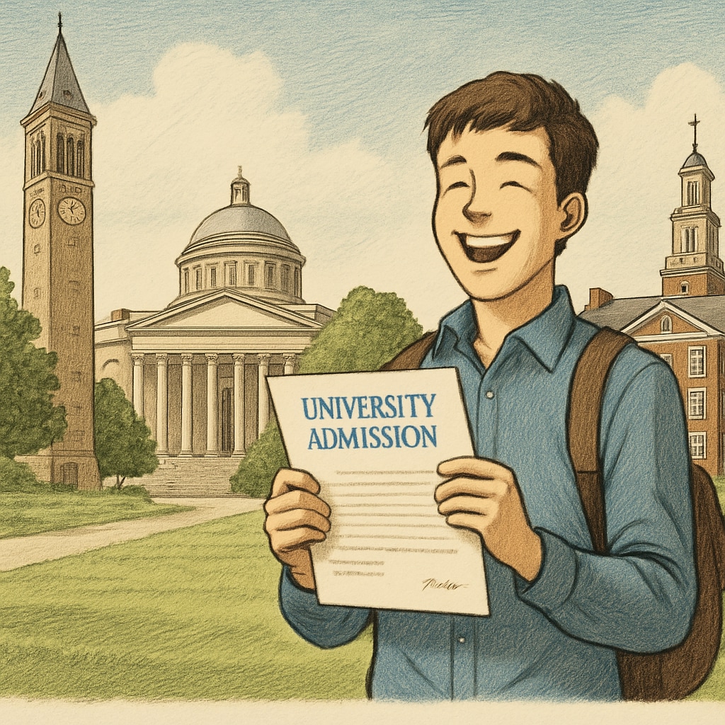 A student celebrating their acceptance into a U.S. university, holding a letter of admission with a background of campus buildings. A Levels student celebrating U.S. university admission success.