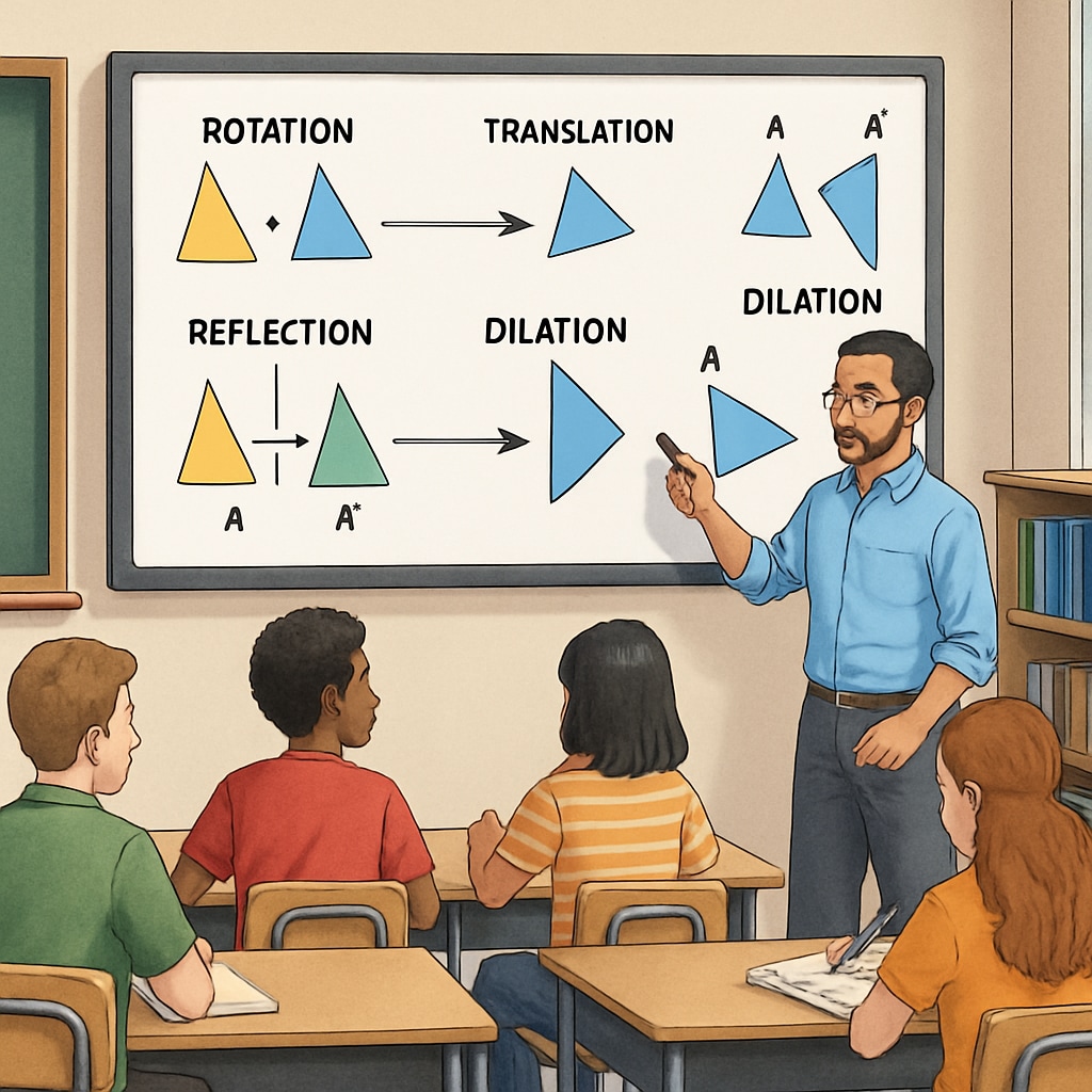 A teacher using a smart board to demonstrate geometric transformations in a high school classroom. Geometry teacher explaining transformations on a smart board.