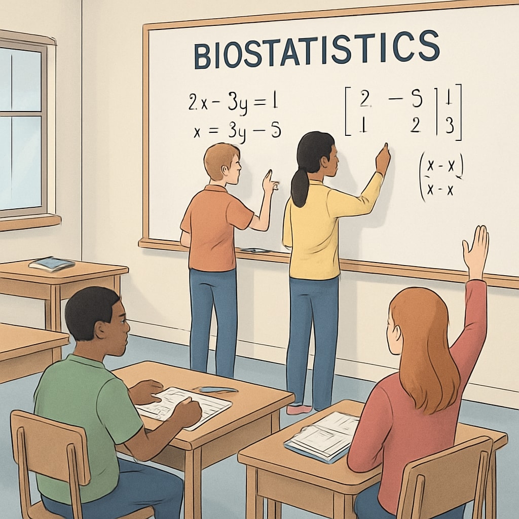 Students solving linear algebra problems in a classroom, highlighting biostatistics course preparation.