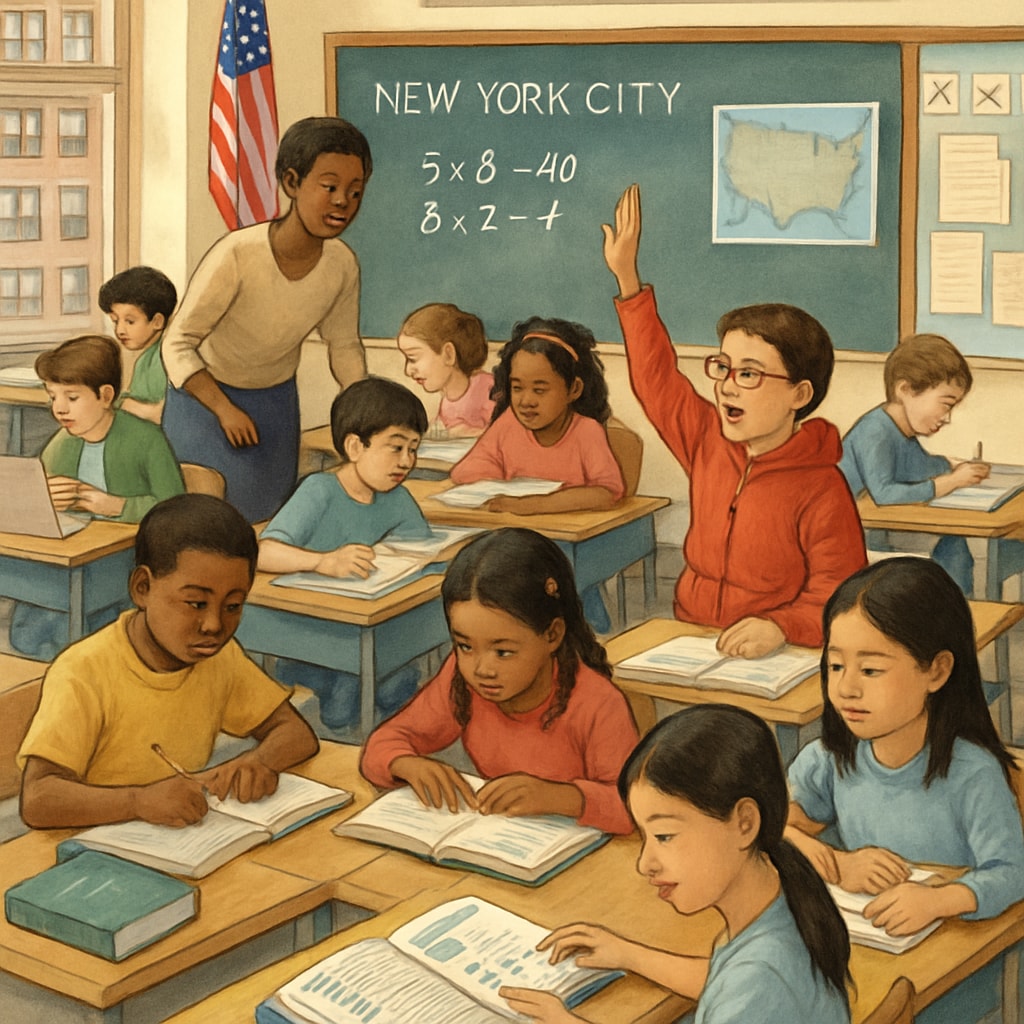 A busy NYC classroom filled with diverse students engaged in learning activities, reflecting the challenges and diversity of the city’s education system. NYC classroom with diverse students learning, representing the challenges in NYC schools.