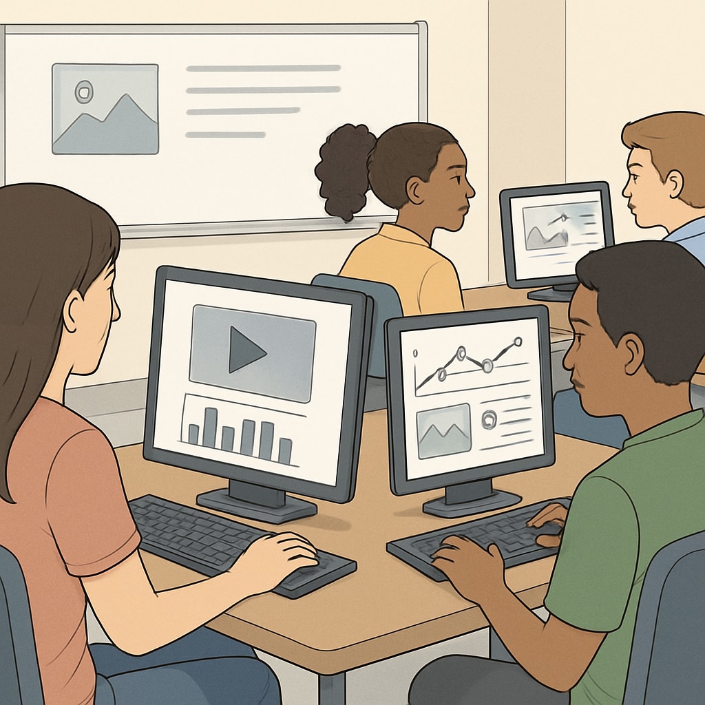 Students analyzing digital media in a classroom to develop media research skills.